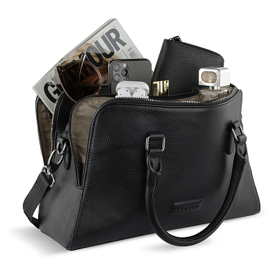 Сумка женская BUGATTI Elsa, чёрная, воловья кожа/полиэстер, 32х13х22 см