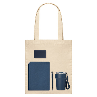 Подарочный набор Велком Пак (Welcome Pack), синий (термокружка, ежедневник, ручка, ЗУ, шоппер) (Синий, бежевый)