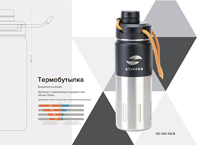 Термобутылка Stinger, 0,5 л, сталь/пластик, "черный карбон", 7,5 х 23,1 см